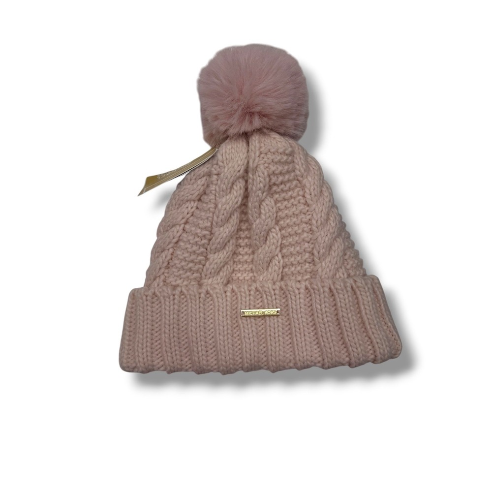 Michael Kors Beanie Hat Womens OS‎ Pink Cable Knit Faux Fur Pom Fleece Lined NWT